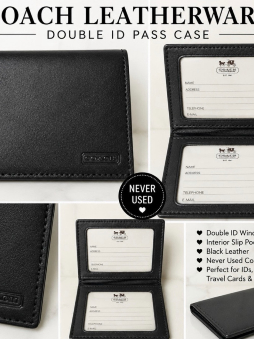 Coach Black Calf Leather Wear Double ID Pass Case - Smooth Black Finish